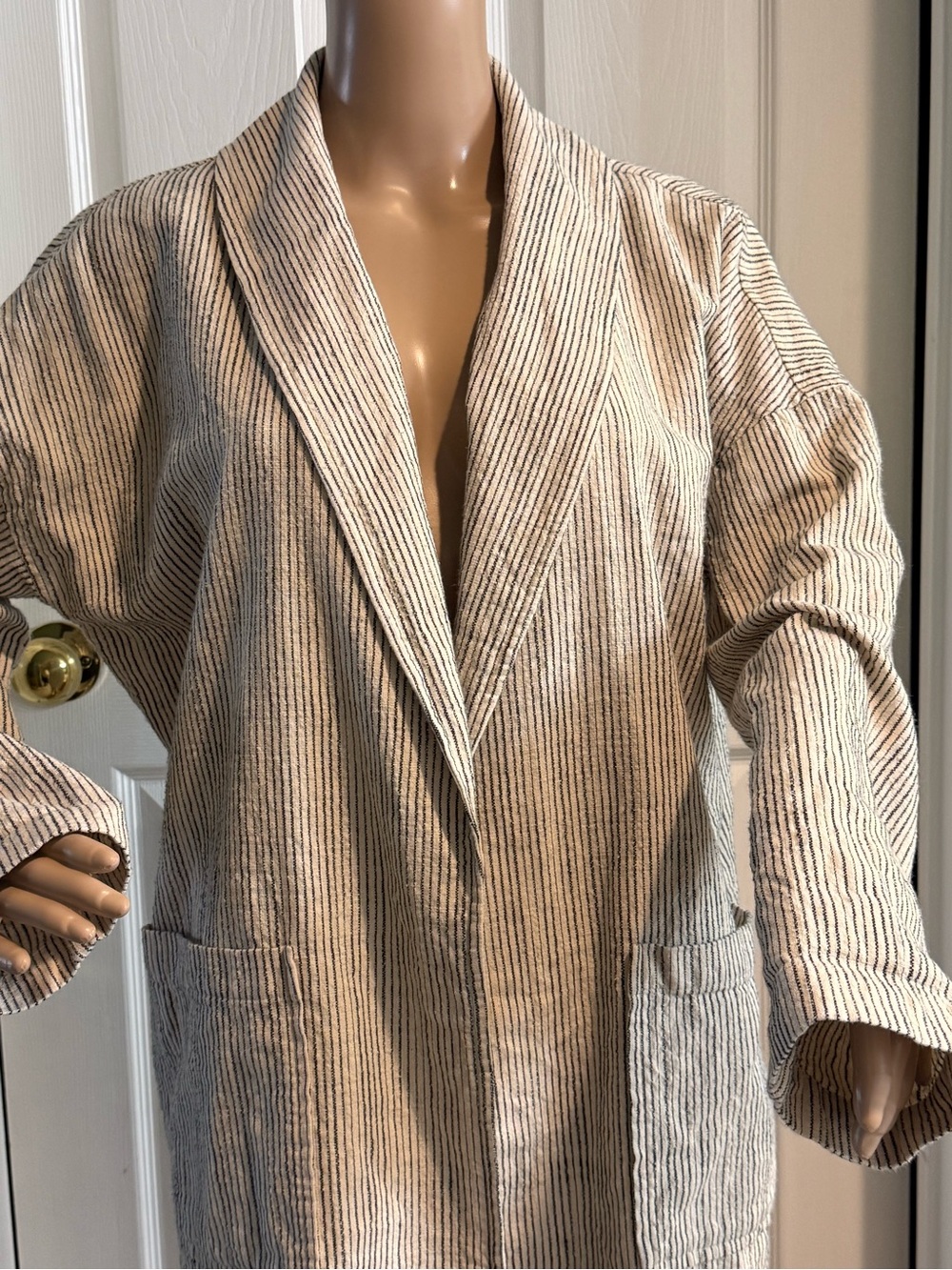 Eileen Fisher Natural Black Striped Cotton Open Front Jacket S M Oversized - Picture 3 of 13